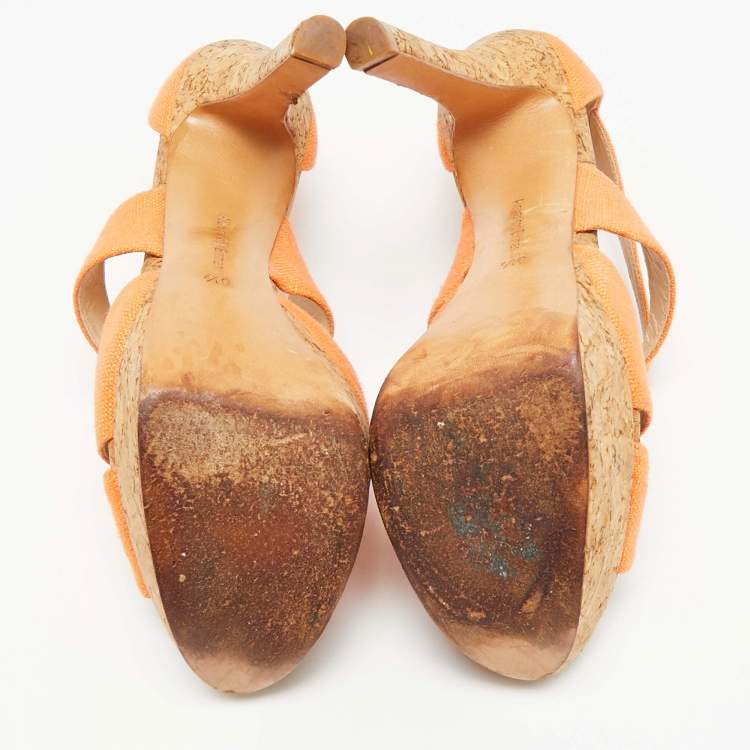 Pre Owned Alexandre Birman Size 37 Orange Canvas Cork Platform Ankle Strap Sandals