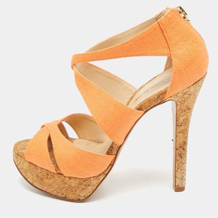 Pre Owned Alexandre Birman Size 37 Orange Canvas Cork Platform Ankle Strap Sandals