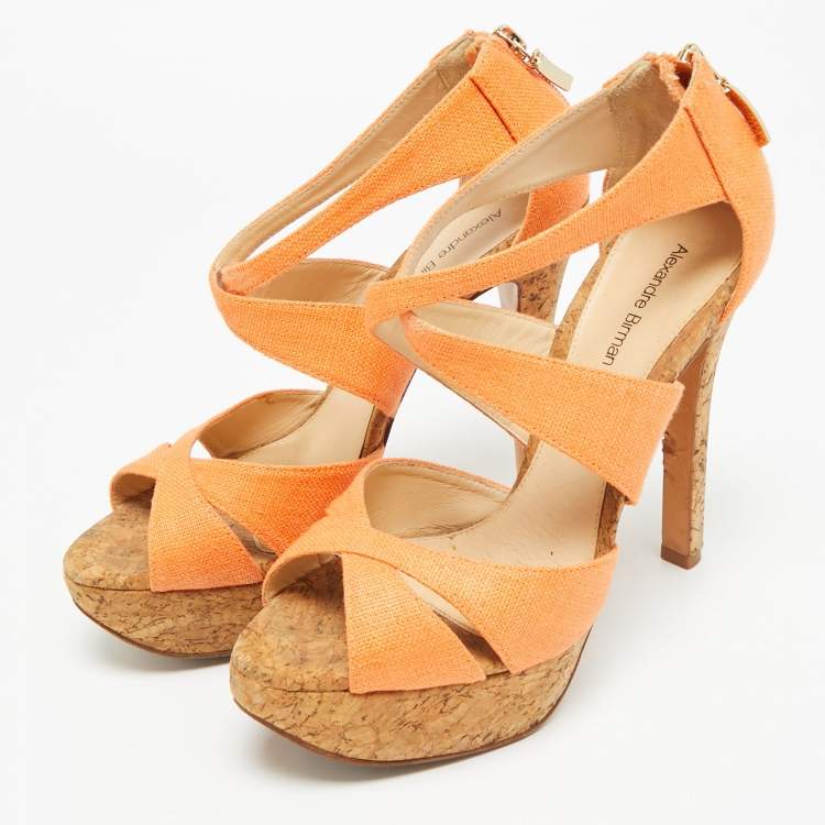 Pre Owned Alexandre Birman Size 37 Orange Canvas Cork Platform Ankle Strap Sandals