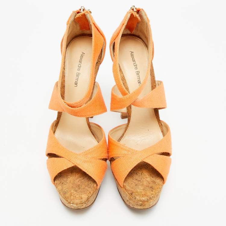 Pre Owned Alexandre Birman Size 37 Orange Canvas Cork Platform Ankle Strap Sandals