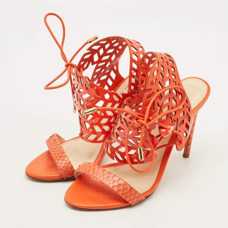 Pre Owned Alexandre Birman Size 36 Orange Patent Leather and Python Leather Ankle Strap Sandals