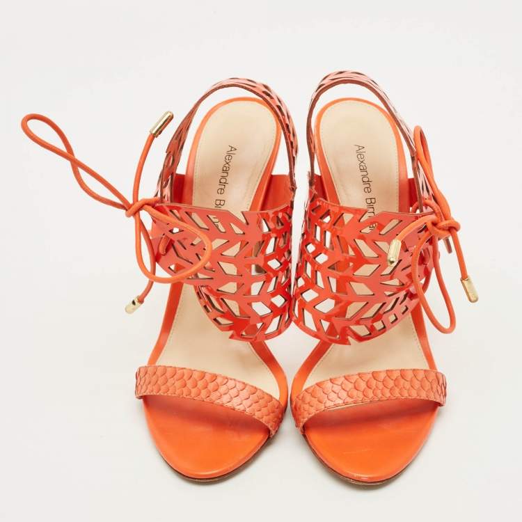 Pre Owned Alexandre Birman Size 36 Orange Patent Leather and Python Leather Ankle Strap Sandals