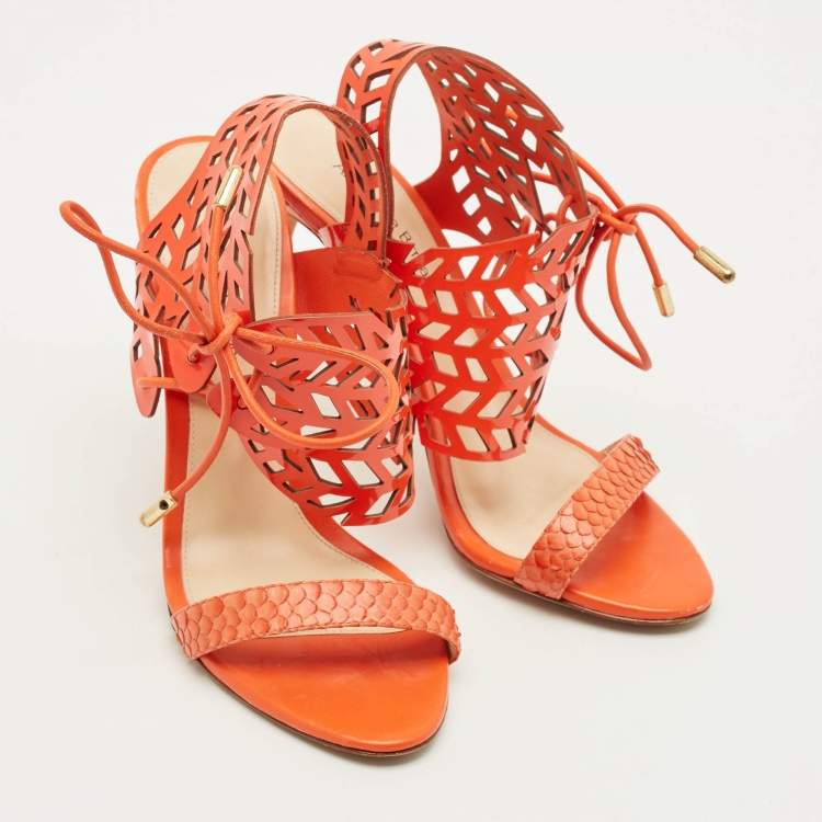Pre Owned Alexandre Birman Size 36 Orange Patent Leather and Python Leather Ankle Strap Sandals