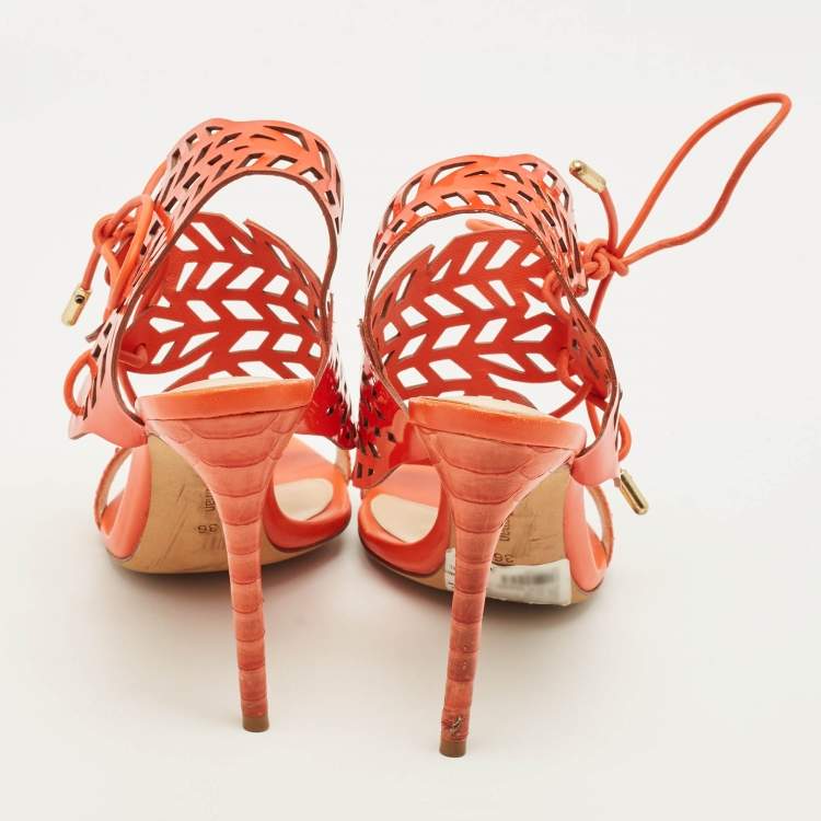 Pre Owned Alexandre Birman Size 36 Orange Patent Leather and Python Leather Ankle Strap Sandals