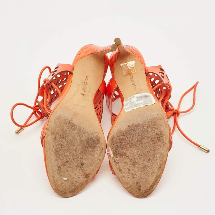 Pre Owned Alexandre Birman Size 36 Orange Patent Leather and Python Leather Ankle Strap Sandals