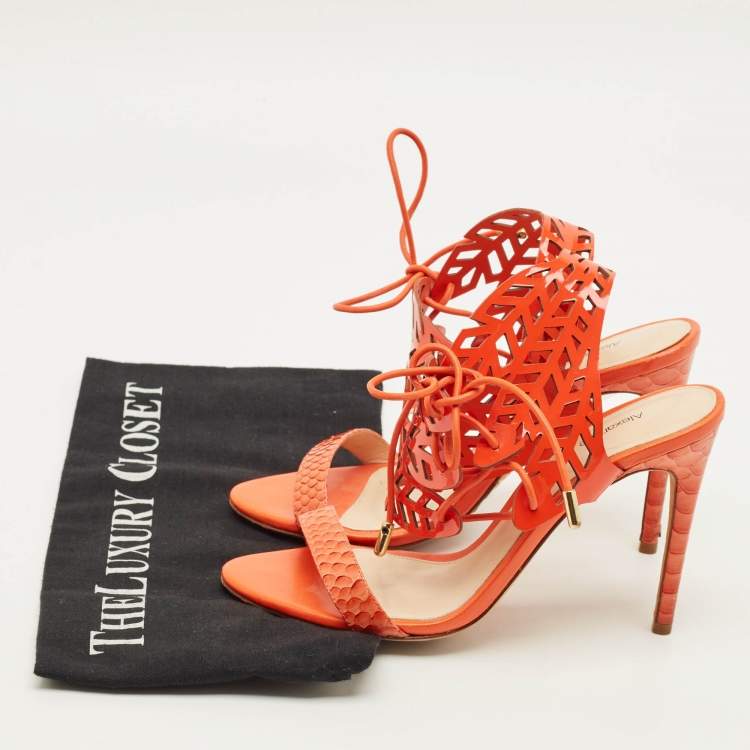 Pre Owned Alexandre Birman Size 36 Orange Patent Leather and Python Leather Ankle Strap Sandals