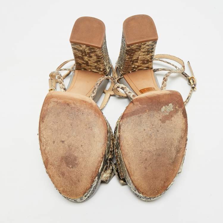 Pre Owned Alexandre Birman Size 37 Brown Python Leather Ankle Strap Sandals