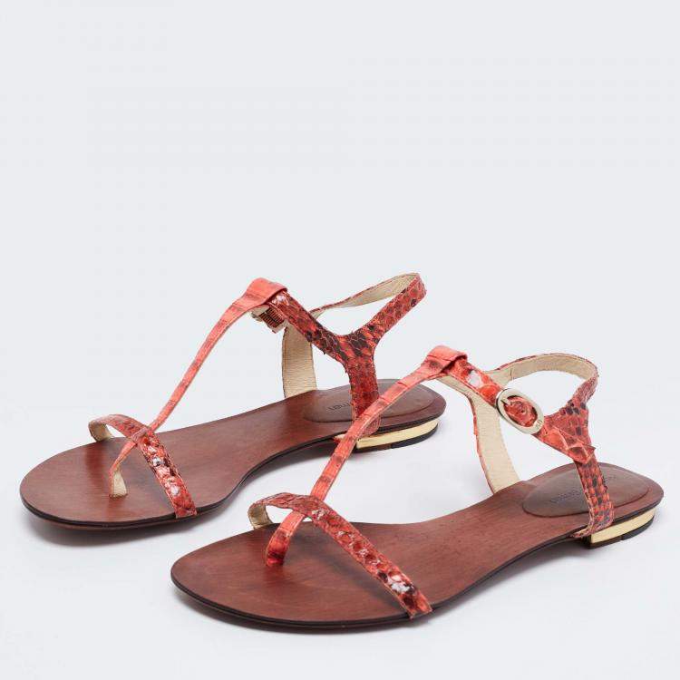 Pre Owned Alexandre Birman Red Python Leather T Strap Flat Sandals Size 38.5