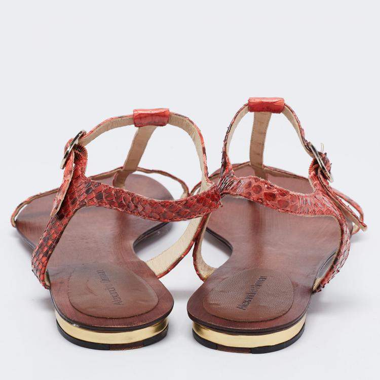 Pre Owned Alexandre Birman Red Python Leather T Strap Flat Sandals Size 38.5