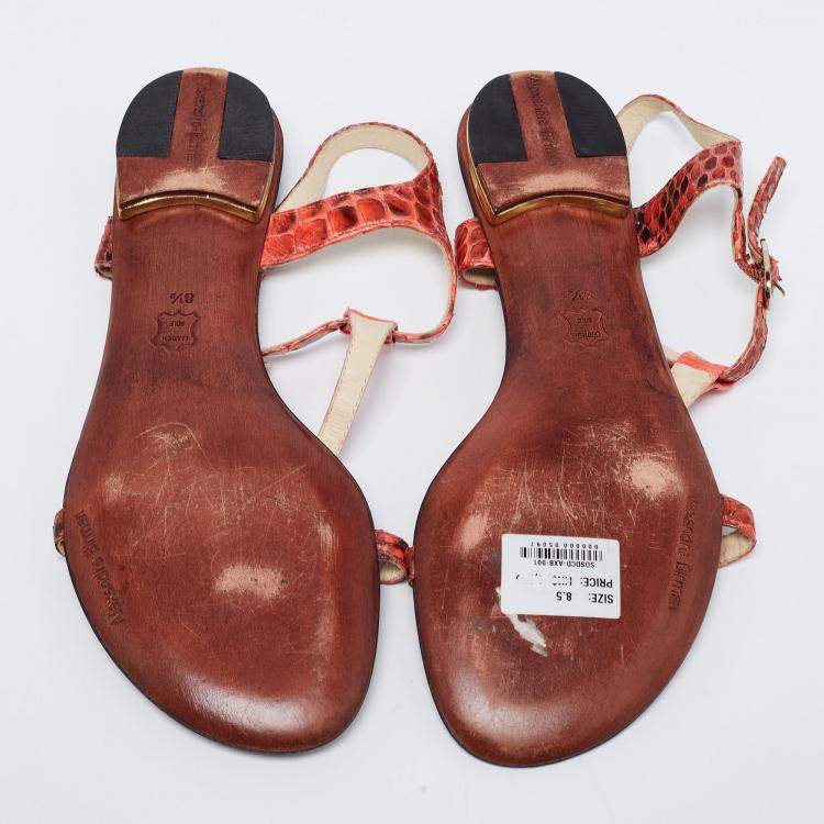 Pre Owned Alexandre Birman Red Python Leather T Strap Flat Sandals Size 38.5