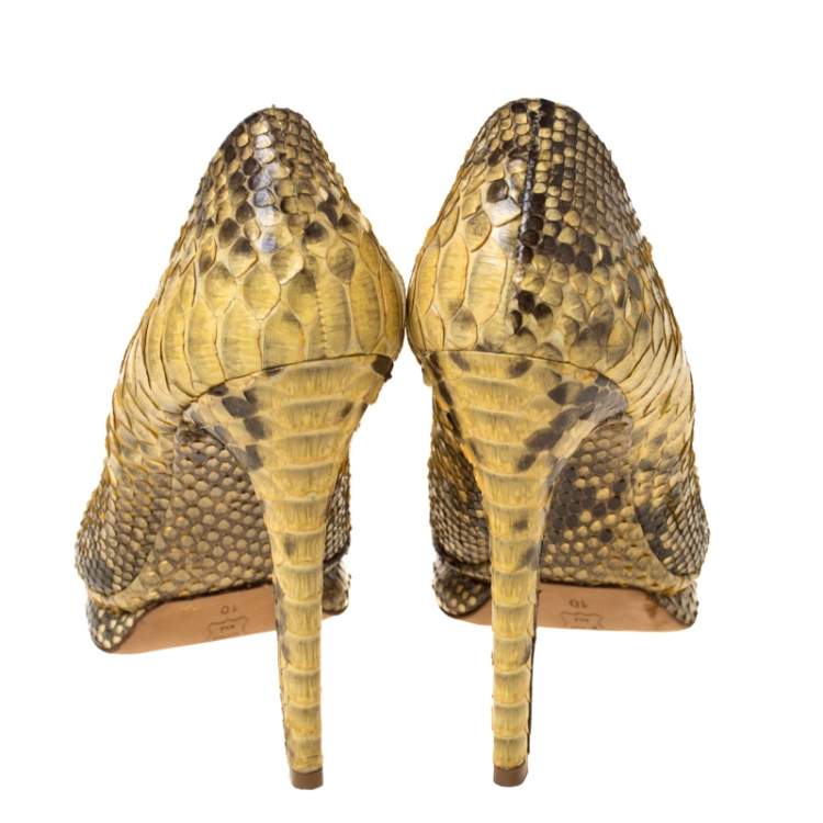 Pre Owned Alexander Birman Yellow/Black Python Peep Toe Pumps Size 40.5
