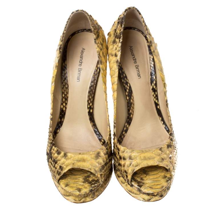 Pre Owned Alexander Birman Yellow/Black Python Peep Toe Pumps Size 40.5