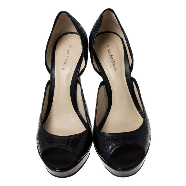 Pre Owned Alexandre Birman Black Python Embossed Leather Peep Toe Platform Pumps Size 41