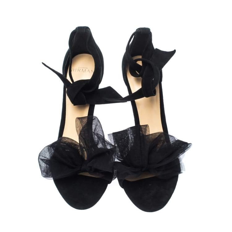 Pre Owned Alexandre Birman Black Suede Clarita Bow Ankle Wrap Sandals Size 38.5