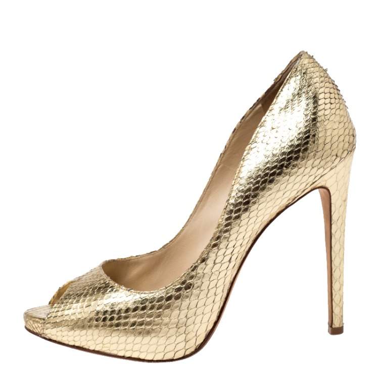 Pre Owned Alexandre Birman Metallic Gold Python Leather Peep Toe Pumps Size 38