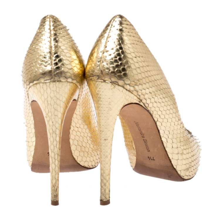 Pre Owned Alexandre Birman Metallic Gold Python Leather Peep Toe Pumps Size 38