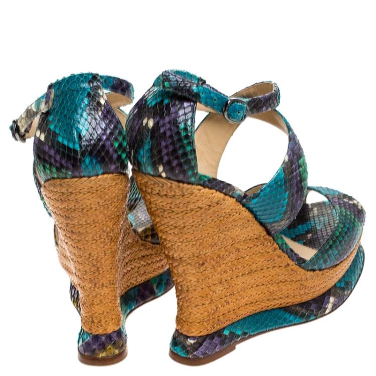 Pre Owned Alexandre Birman Multicolor Python Leather Wedge Platform Ankle Strap Sandals Size 37