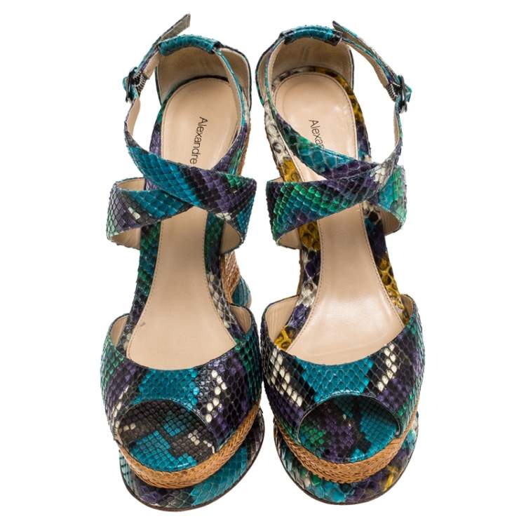 Pre Owned Alexandre Birman Multicolor Python Leather Wedge Platform Ankle Strap Sandals Size 37