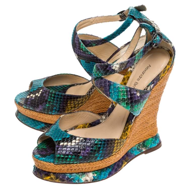 Pre Owned Alexandre Birman Multicolor Python Leather Wedge Platform Ankle Strap Sandals Size 37