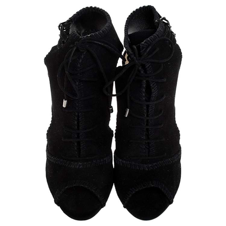 Pre Owned Alexandre Birman Black Suede Abbe Peep Toe Lace Booties Size 37
