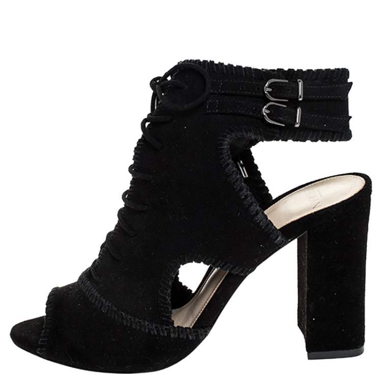 Pre Owned Alexandre Birman Black Suede Abbe Peep Toe Lace Booties Size 37