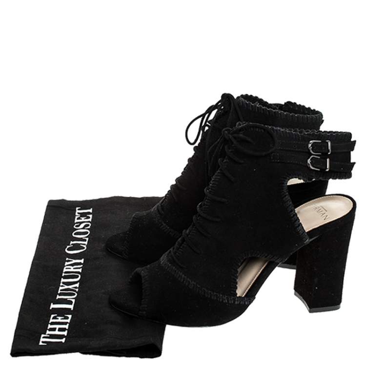 Pre Owned Alexandre Birman Black Suede Abbe Peep Toe Lace Booties Size 37
