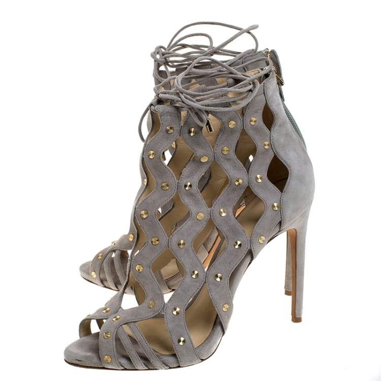 Pre Owned Alexandre Birman Grey Suede Leather Loreta Cage Ankle Wrap Sandals Size 39.5