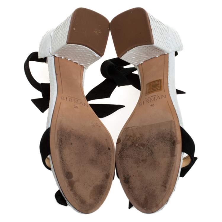 Pre Owned Alexandre Birman Black/White Python And Suede Clarita Block Heel Sandals Size 36