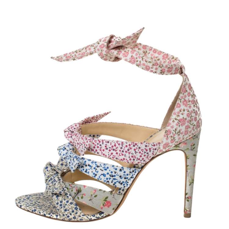 Pre Owned Alexandre Birman Floral Printed Canvas Lolita Knot Strappy Sandals Size 38.5