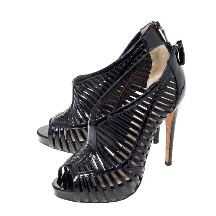 Pre Owned Alexandre Birman Black Patent Leather Cage Platform Peep Toe Booties Size 36