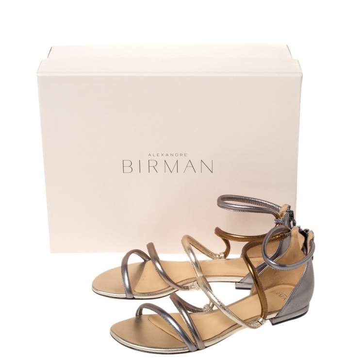 Pre Owned Alexandre Birman Metallic Silver/Gold Gianny Strappy Flat Metallic Leather Sandals 36