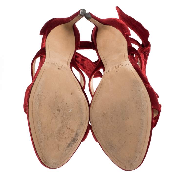 Pre Owned Alexandre Birman Red Velvet Gianna Three Bow Ankle Wrap Sandals Size 38