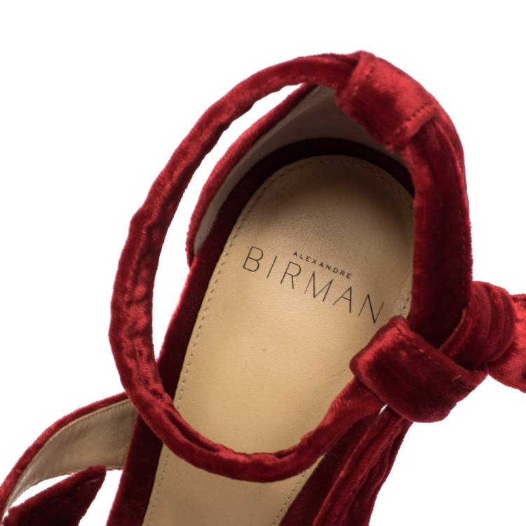 Pre Owned Alexandre Birman Red Velvet Gianna Three Bow Ankle Wrap Sandals Size 38