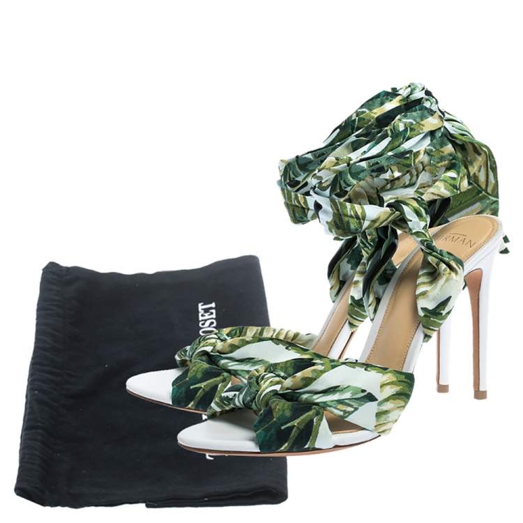 Pre Owned Alexandre Birman Multicolor Leaf Print Fabric Kacey Knot Detail Ankle Wrap Sandals Size 38