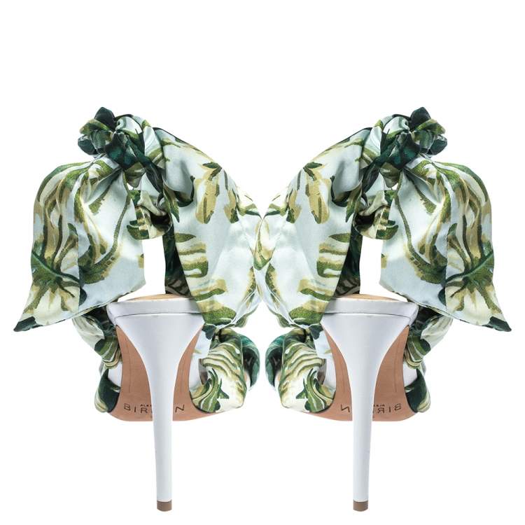 Pre Owned Alexandre Birman Multicolor Leaf Print Fabric Kacey Knot Detail Ankle Wrap Sandals Size 38