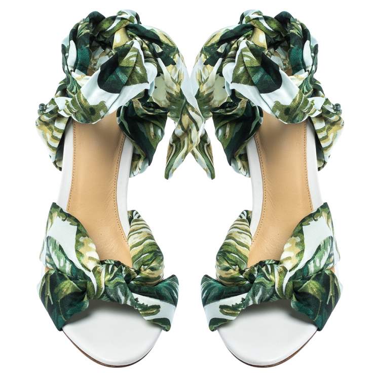 Pre Owned Alexandre Birman Multicolor Leaf Print Fabric Kacey Knot Detail Ankle Wrap Sandals Size 38