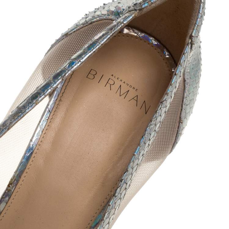 Pre Owned Alexandre Birman Metallic Silver Python And Mesh Pointed Toe Pumps Size 41