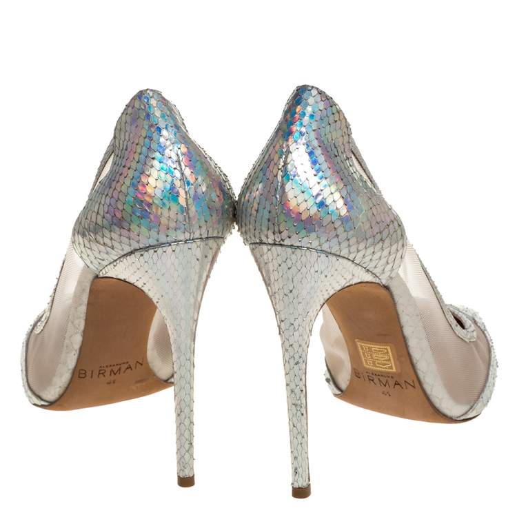 Pre Owned Alexandre Birman Metallic Silver Python And Mesh Pointed Toe Pumps Size 41