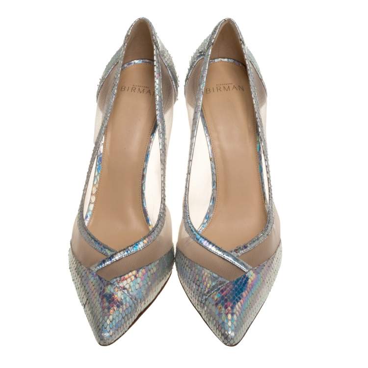 Pre Owned Alexandre Birman Metallic Silver Python And Mesh Pointed Toe Pumps Size 41