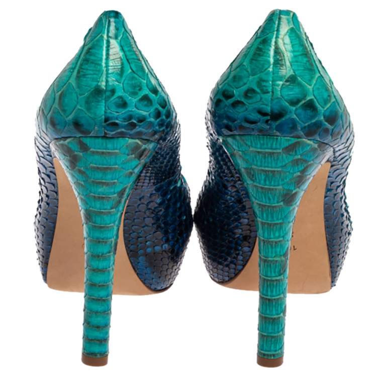 Pre Owned Alexandre Birman Two Tone Blue Python Peep Toe Platform Pumps Size 40.5