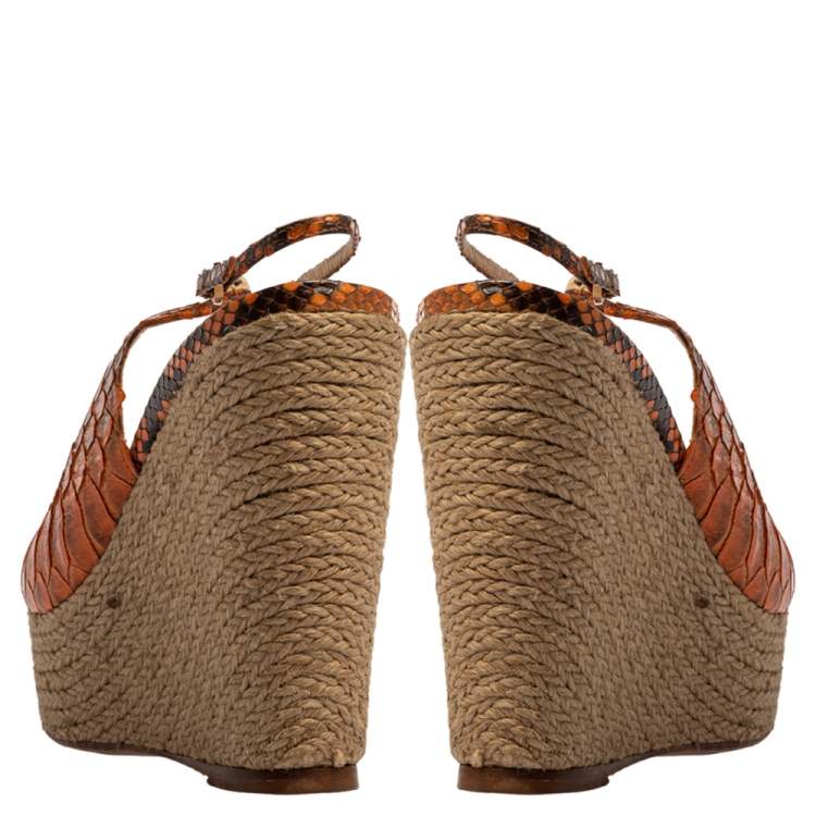 Pre Owned Alexandre Birman Orange Python Leather Wedge Slingback Sandals Size 39.5