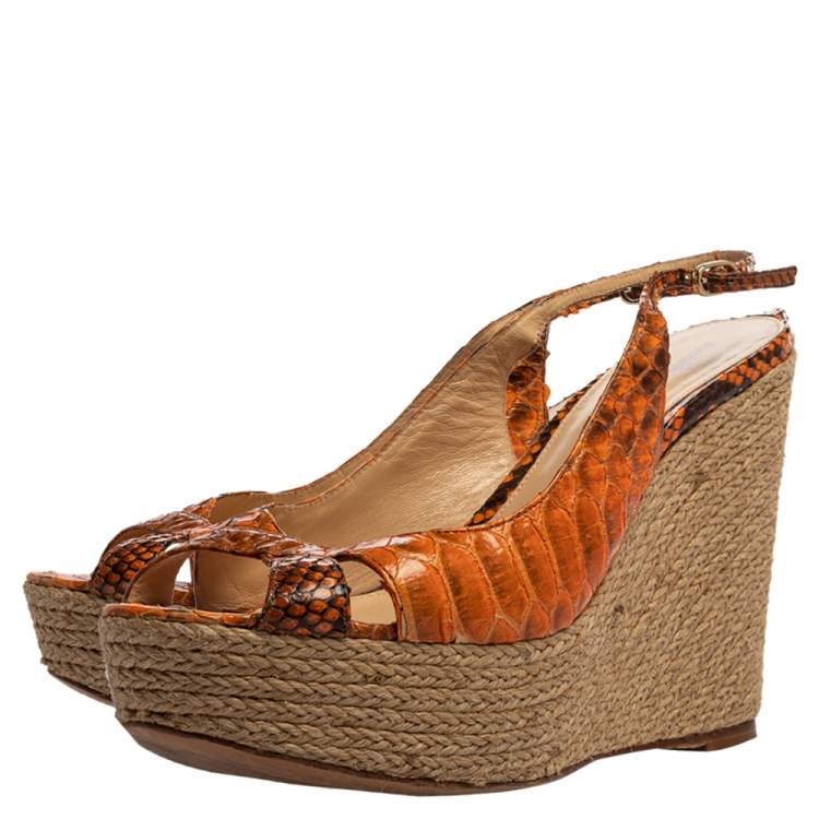 Pre Owned Alexandre Birman Orange Python Leather Wedge Slingback Sandals Size 39.5