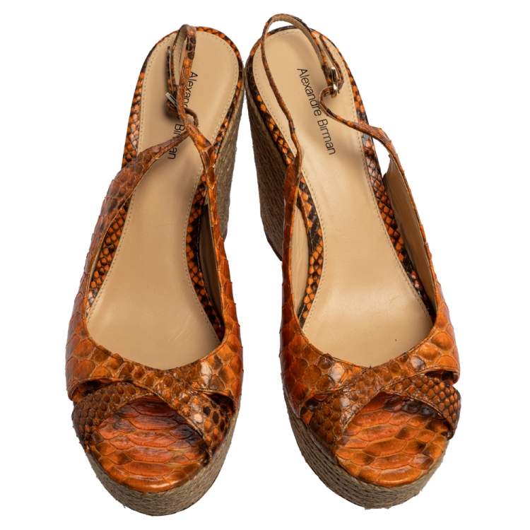 Pre Owned Alexandre Birman Orange Python Leather Wedge Slingback Sandals Size 39.5