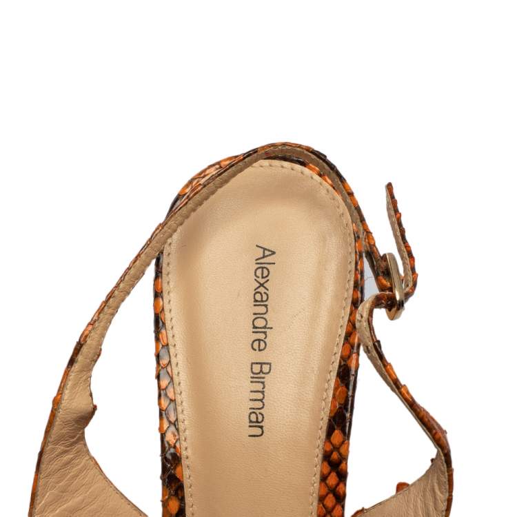 Pre Owned Alexandre Birman Orange Python Leather Wedge Slingback Sandals Size 39.5