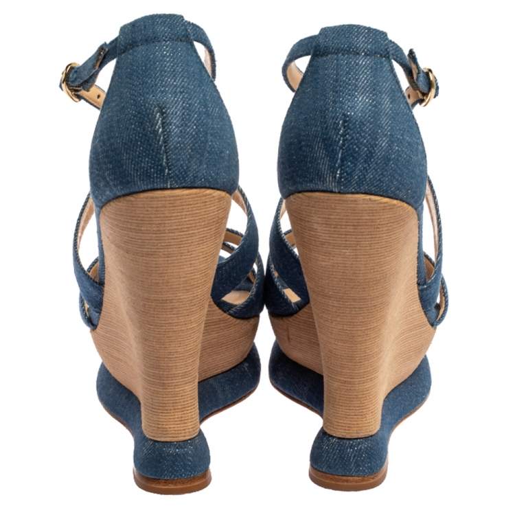 Pre Owned Alexandre Birman Blue Denim Fabric Wedge Sandals Size 37.5