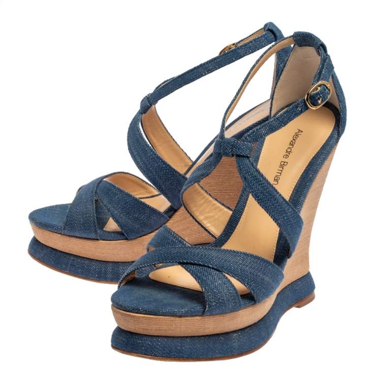 Pre Owned Alexandre Birman Blue Denim Fabric Wedge Sandals Size 37.5