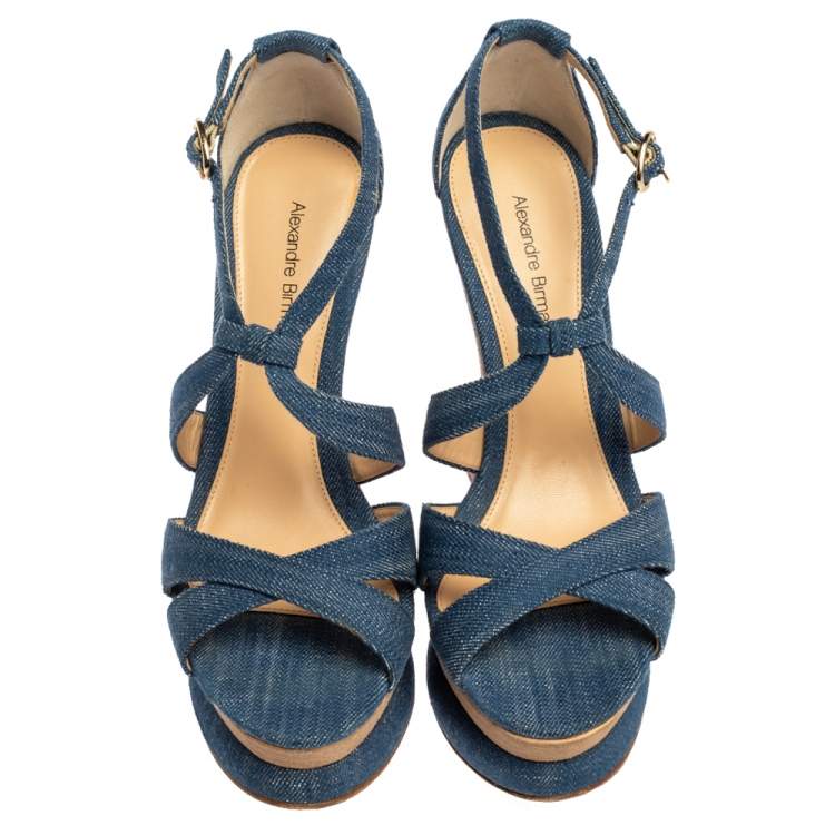 Pre Owned Alexandre Birman Blue Denim Fabric Wedge Sandals Size 37.5