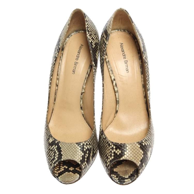 Pre Owned Alexander Birman Yellow/Black Python Peep Toe Pumps Size 38.5
