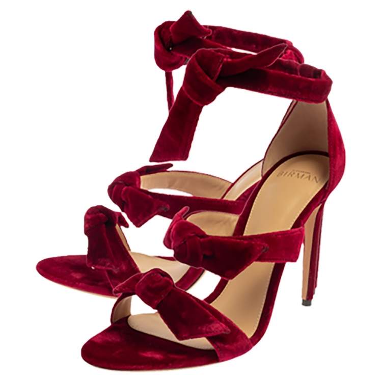 Pre Owned Alexandre Birman Red Velvet Gianna Three Bow Ankle Wrap Sandals Size 38