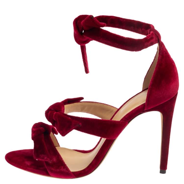 Pre Owned Alexandre Birman Red Velvet Gianna Three Bow Ankle Wrap Sandals Size 38